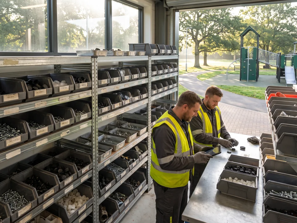 Depot shelves with parts bins sorted by part number