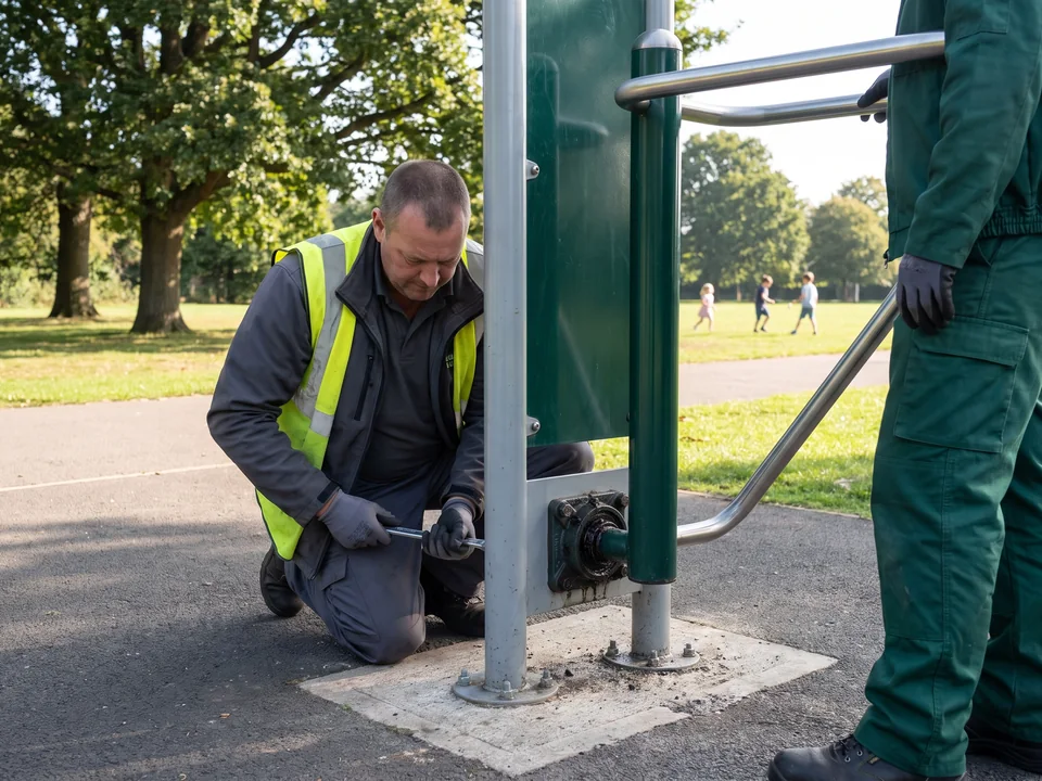 A fitness station bearing housing opened to change the bearing, with the post left in place