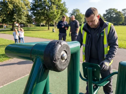 A worn rubber bumper on an outdoor fitness station
