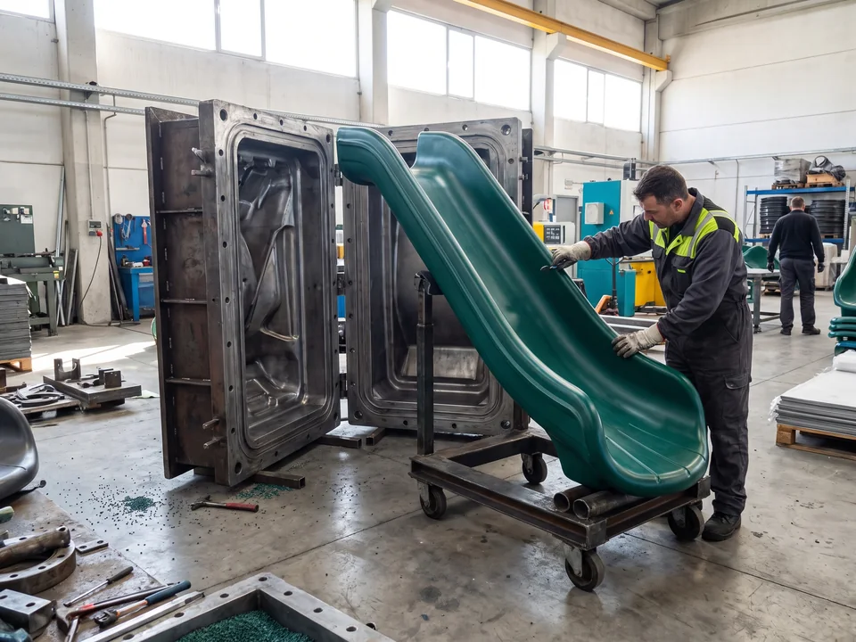 An opened steel mold in the rotomolding workshop beside a freshly molded slide