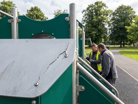 A cracked HDPE panel corner on a park play structure