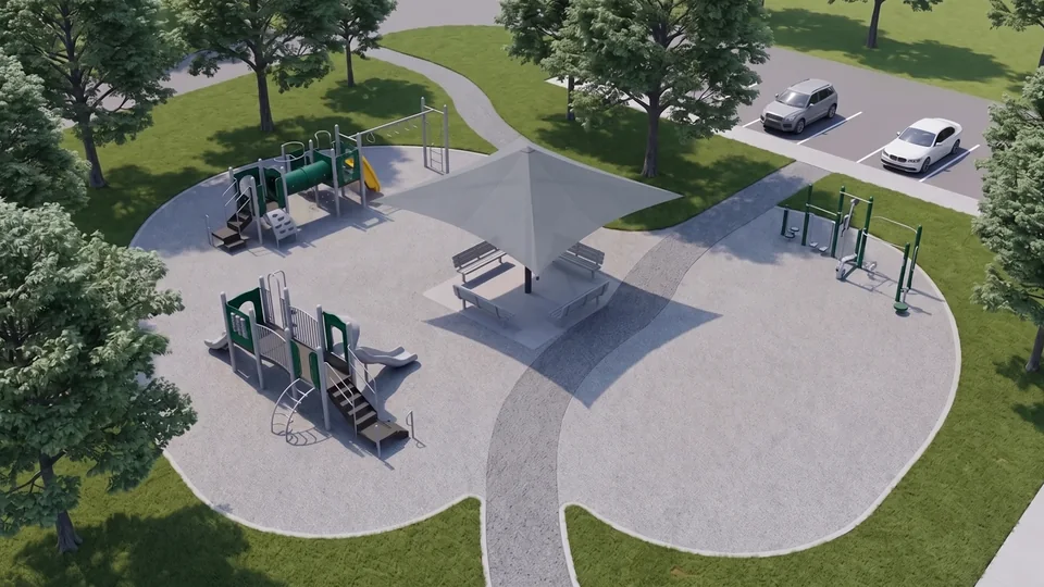 Aerial render of the alternative layout within the budget range, same camera
