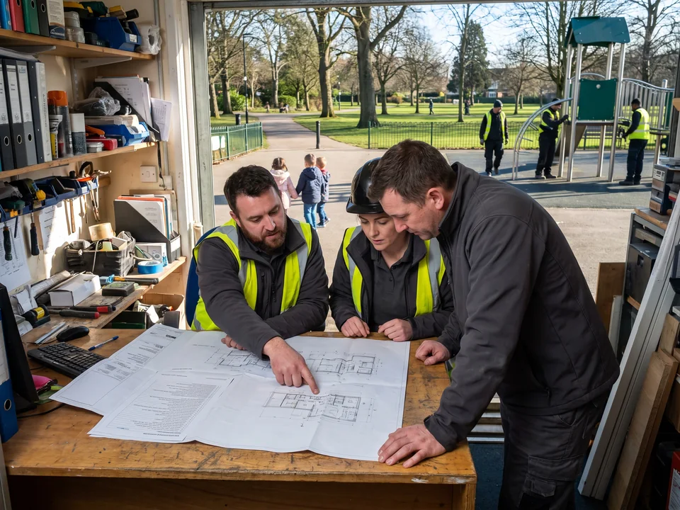 Installers comparing the same printed specification and drawings in an office