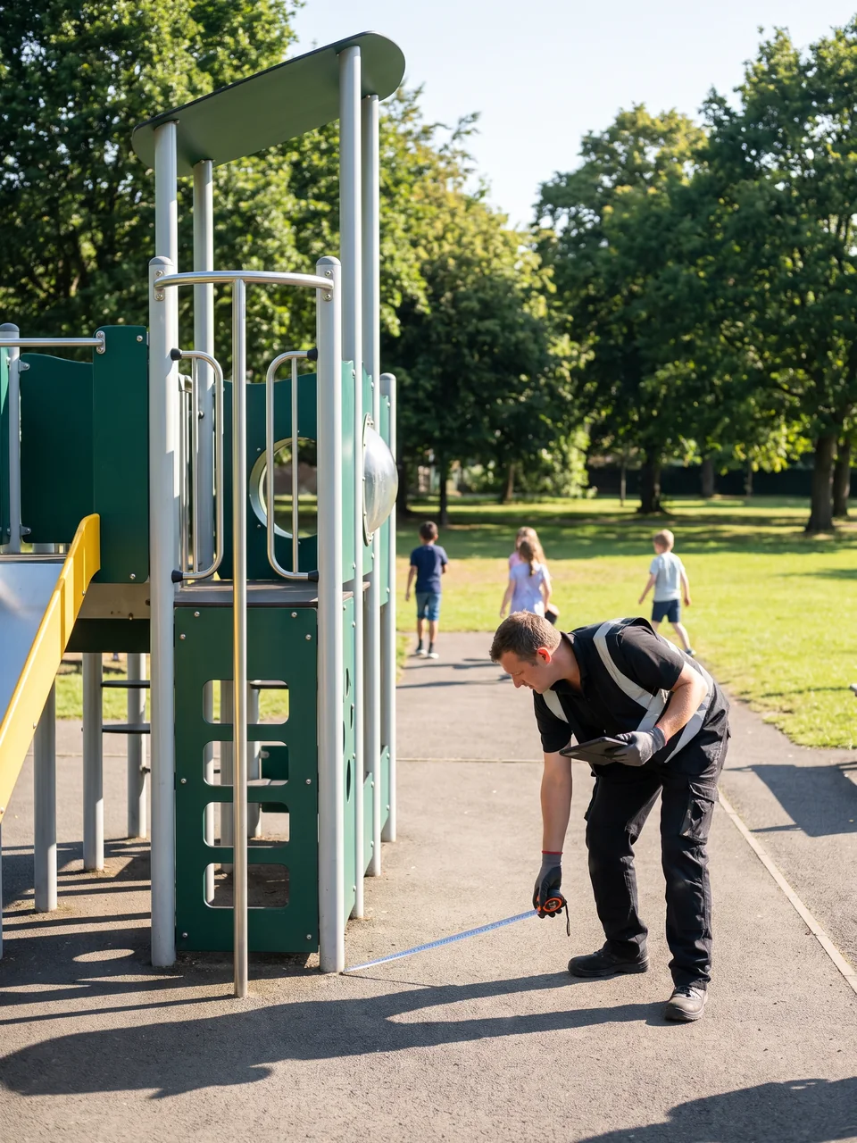 A playground inspector measuring with a tape beside an existing park structure