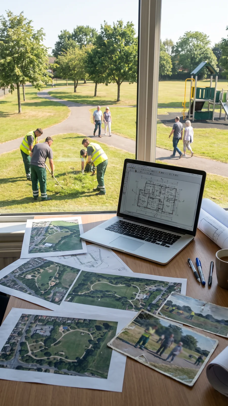 A planner's desk with satellite printouts of several parks, site photos and a DWG plan on a laptop