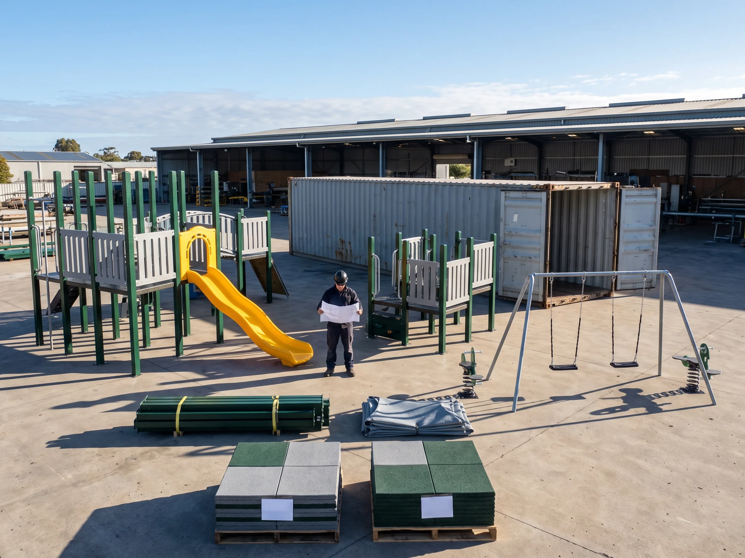 A factory pre-assembly yard in morning sun with one order laid out: a shipping container, pre-assembled play structures and swing frames