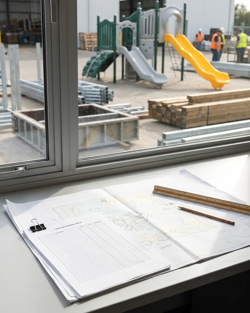 A printed landscape quotation clipped to a playground site plan on a design office desk, with a scale ruler and a pencil
