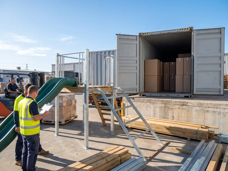 A grey shipping container with its doors open at a loading dock