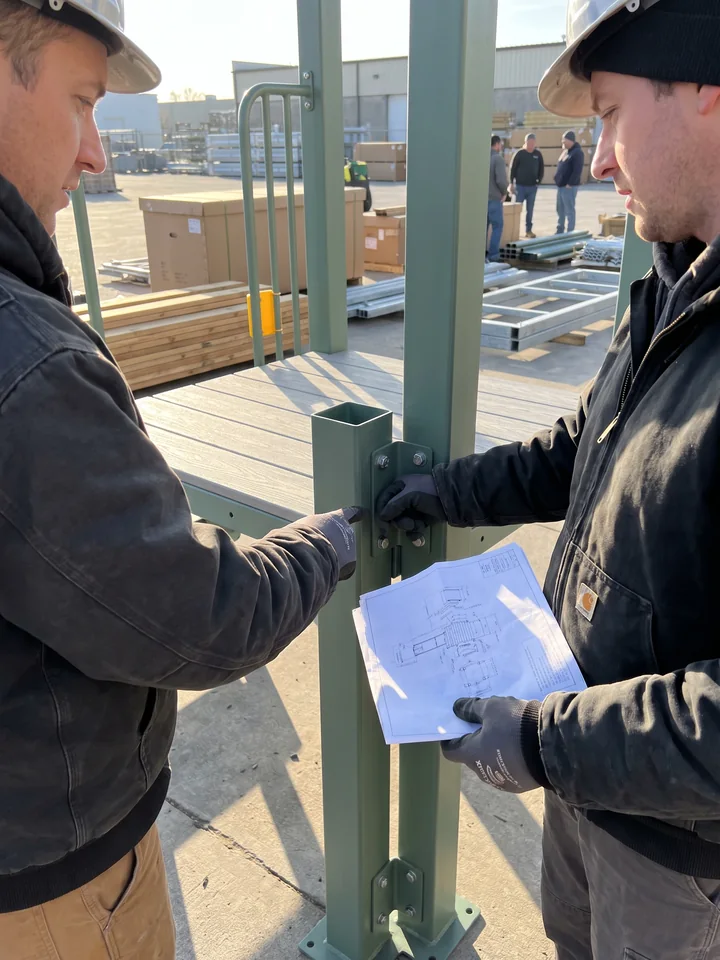A QC inspector with a printed drawing checking a connection on a pre-assembled play structure