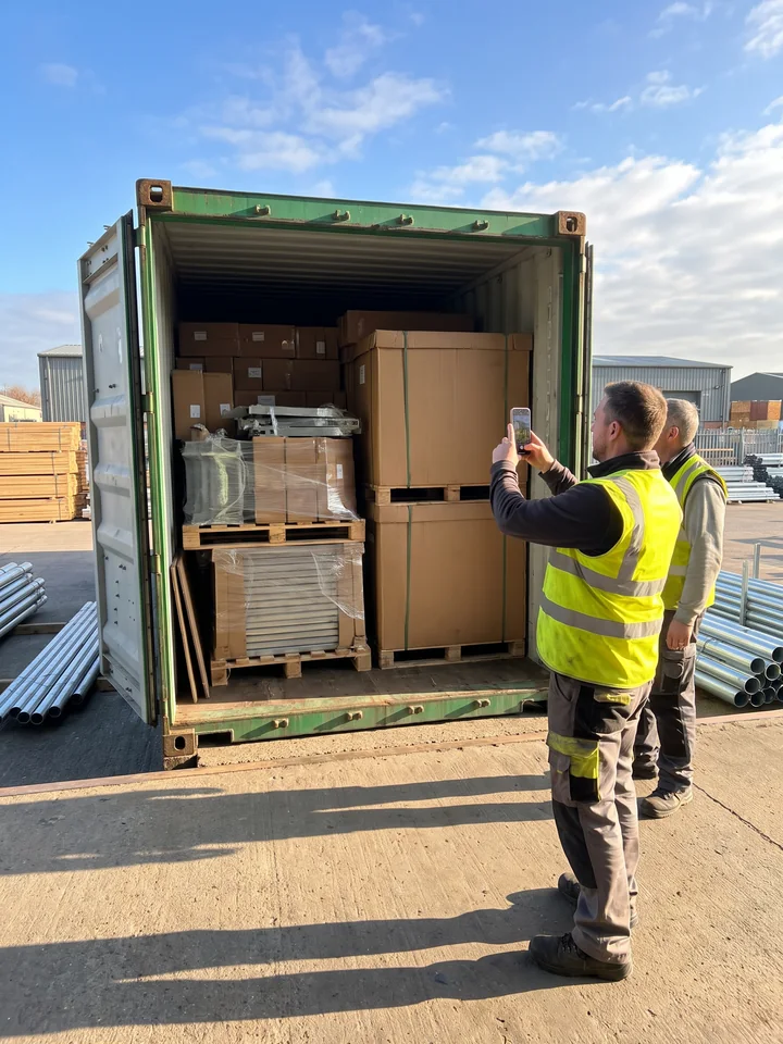 A loaded container before the doors are closed, one worker photographing the load with a phone