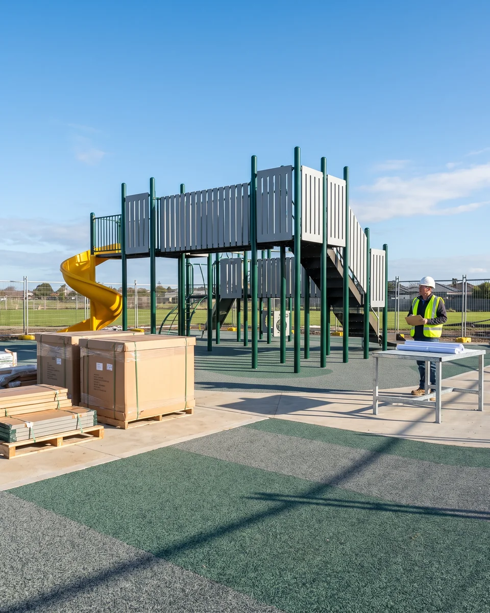A multi-deck commercial play structure with grey HDPE barrier panels around the high decks, over poured rubber surfacing