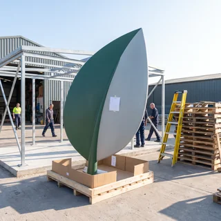 A fiberglass theme sculpture piece in evergreen and grey