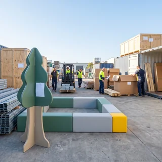 A fiberglass theme figure standing beside a soft play frame