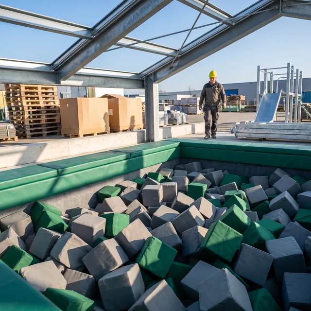 Foam blocks in fire-retardant covers in a trampoline foam pit