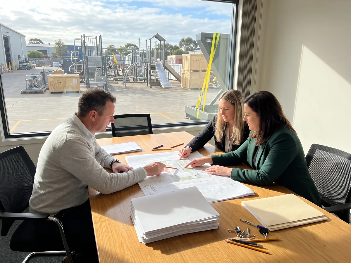 A tender review panel of three adults checking a printed quotation and its attached documents at a meeting table