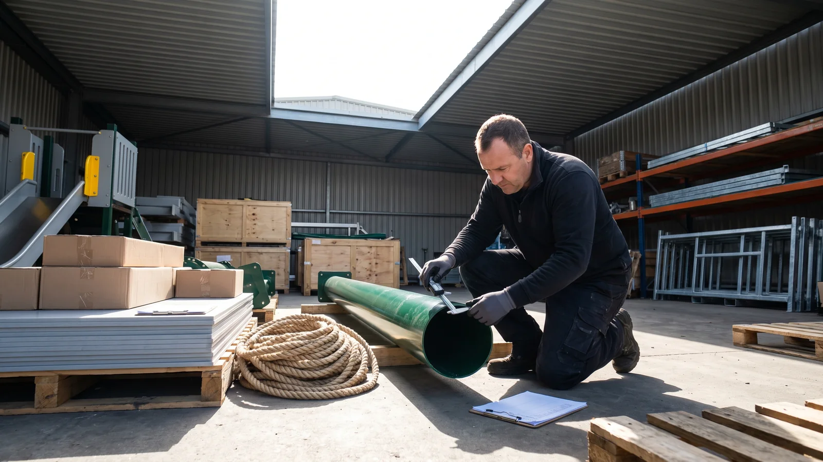 A QC inspector measuring the end of an evergreen post with a caliper at the incoming material area