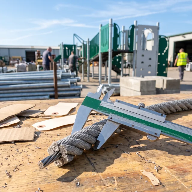 A caliper measuring a steel-core playground rope