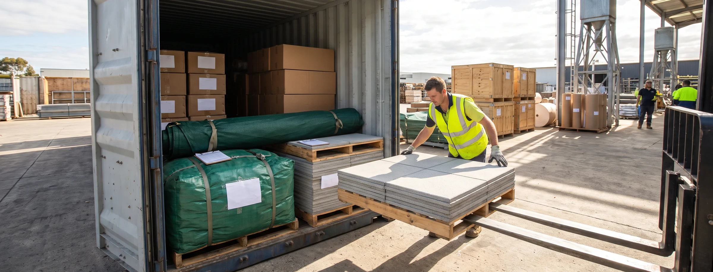 Structure cartons, a rolled shade sail, rubber tile pallets and a packed inflatable going into one container