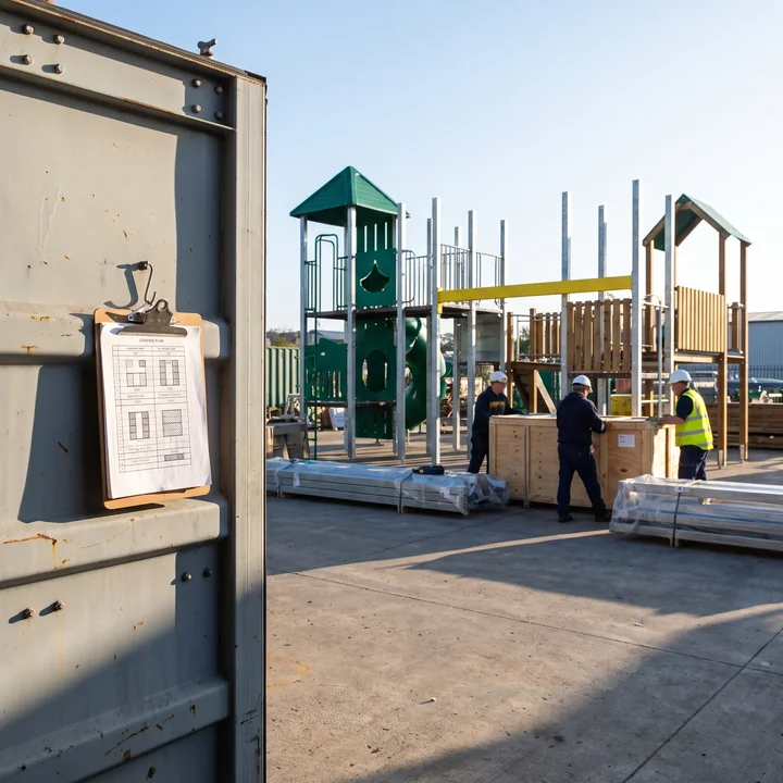A clipboard with a printed container loading plan hung by a container door