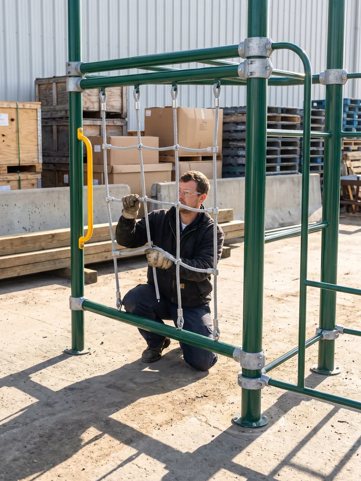 A maintenance worker replacing one section of a rope net
