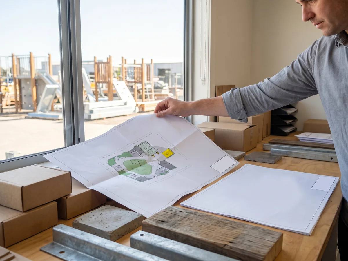 A designer placing a revised site plan beside a printed quotation, each with a blank revision label