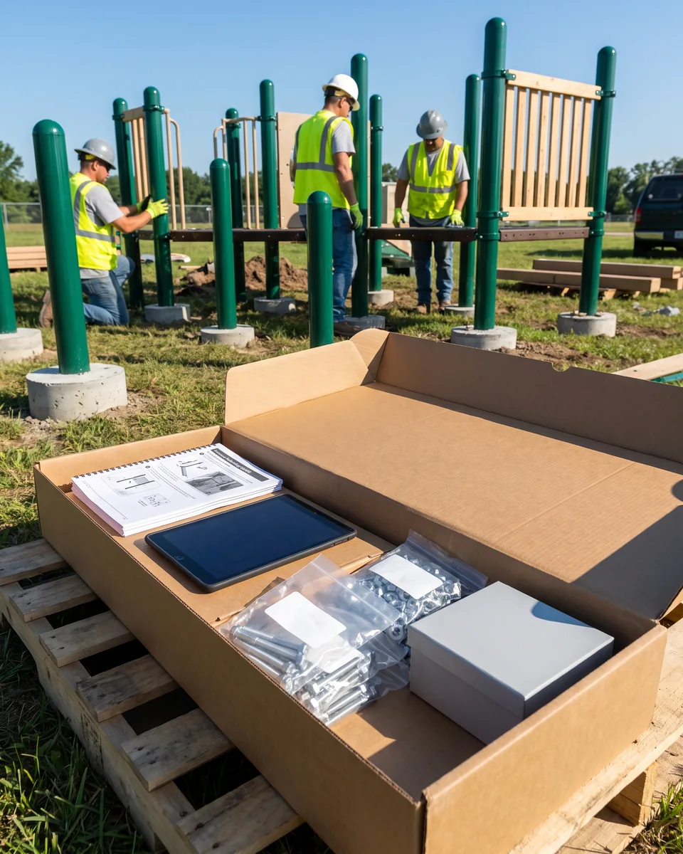A freshly opened carton on site holding a printed assembly drawing set, a tablet, bags of labeled hardware and a spare kit box