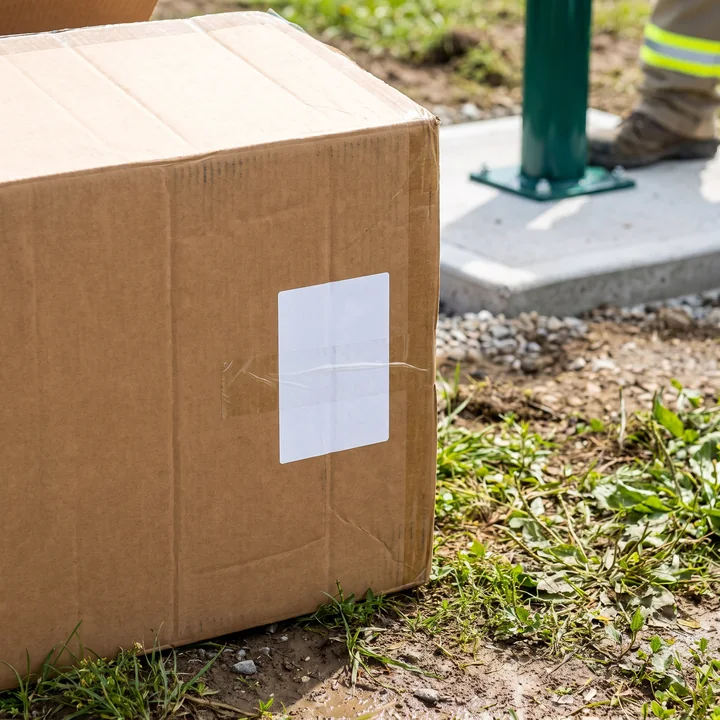 Macro of a blank shipping label on the side of a carton, where the same part number appears