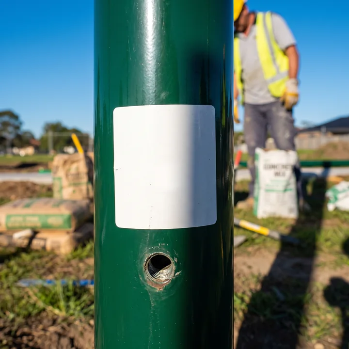 Macro of a blank white part label on an evergreen post, where the part number S1-014 is printed