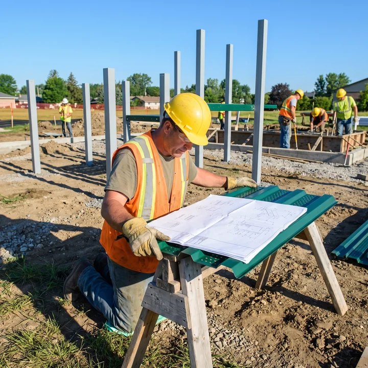 An installer holds a punched deck and checks it against the drawing on the sawhorse