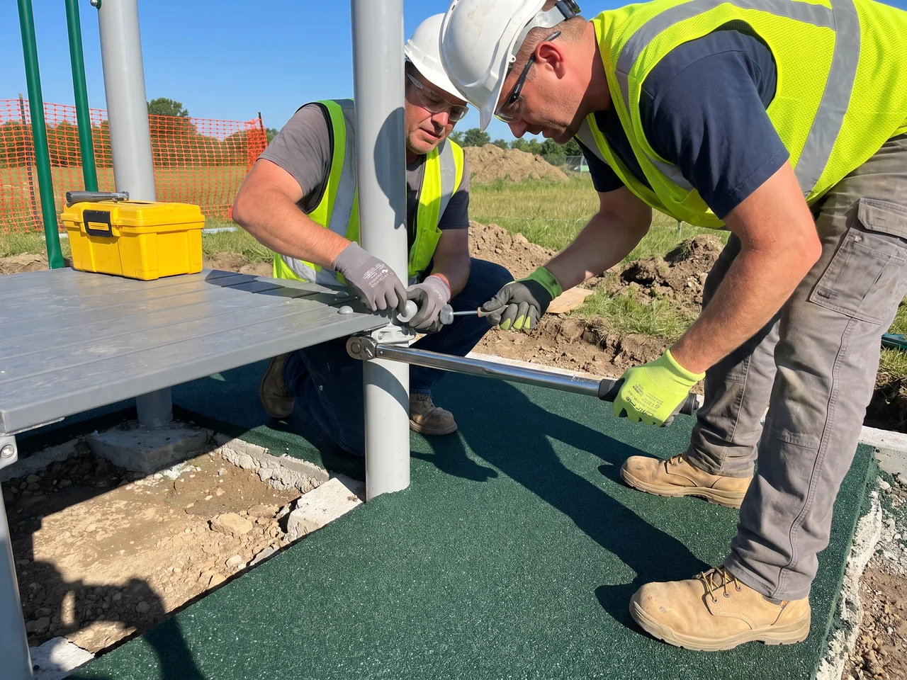 An installer tightening a deck connection with a torque wrench while a colleague caps the fastener heads