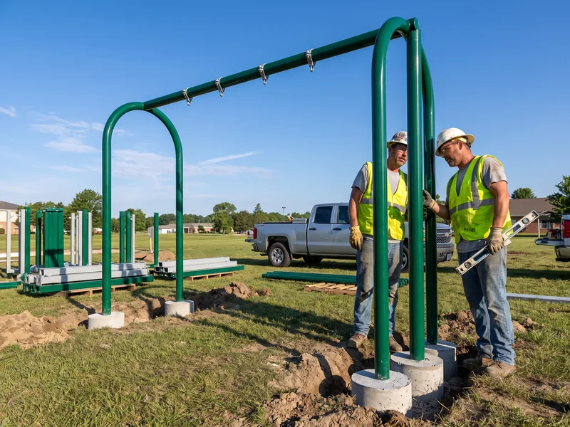 A two-bay swing frame just stood up on its footings
