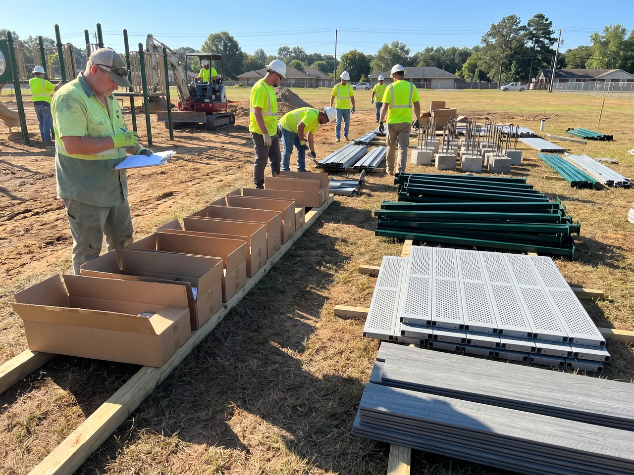 Cartons for one structure opened in a row, parts laid out in groups beside the footing points
