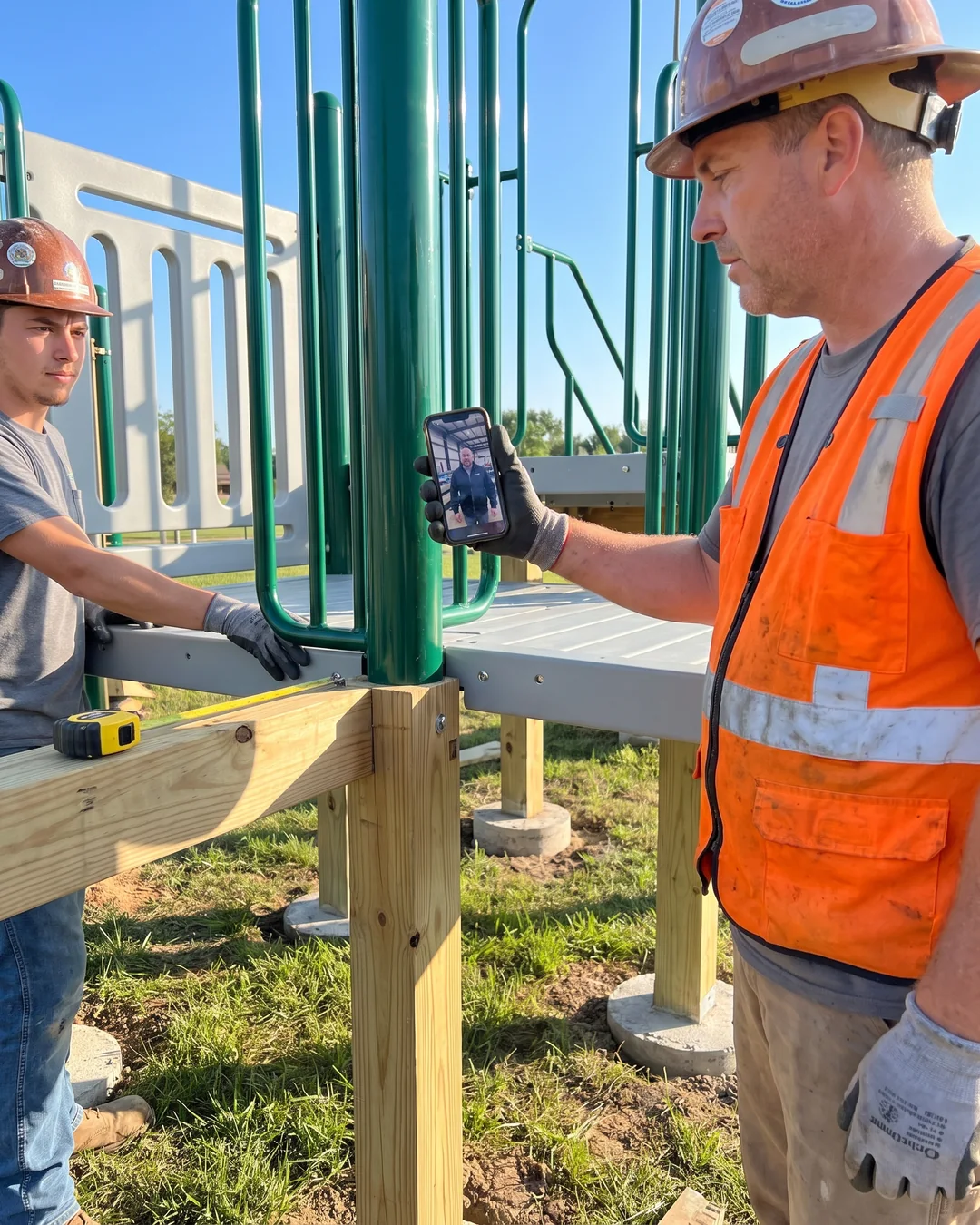On site, the crew lead holds a phone on a video call toward a deck connection while another installer steadies the part