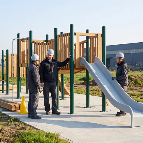 A yard lead in the pre-assembly yard with a hand on a post of a pre-assembled structure