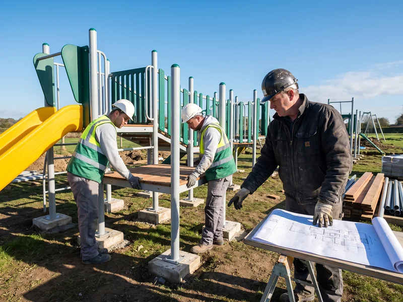 The supervisor points at the drawing while two installers fit the first structure