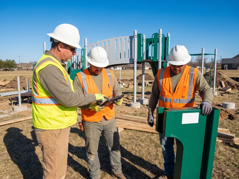 The supervisor shows a video segment on a tablet to two installers holding the matching part