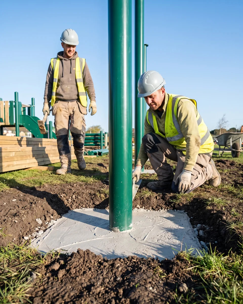 An evergreen post set in freshly poured concrete, footing top troweled smooth