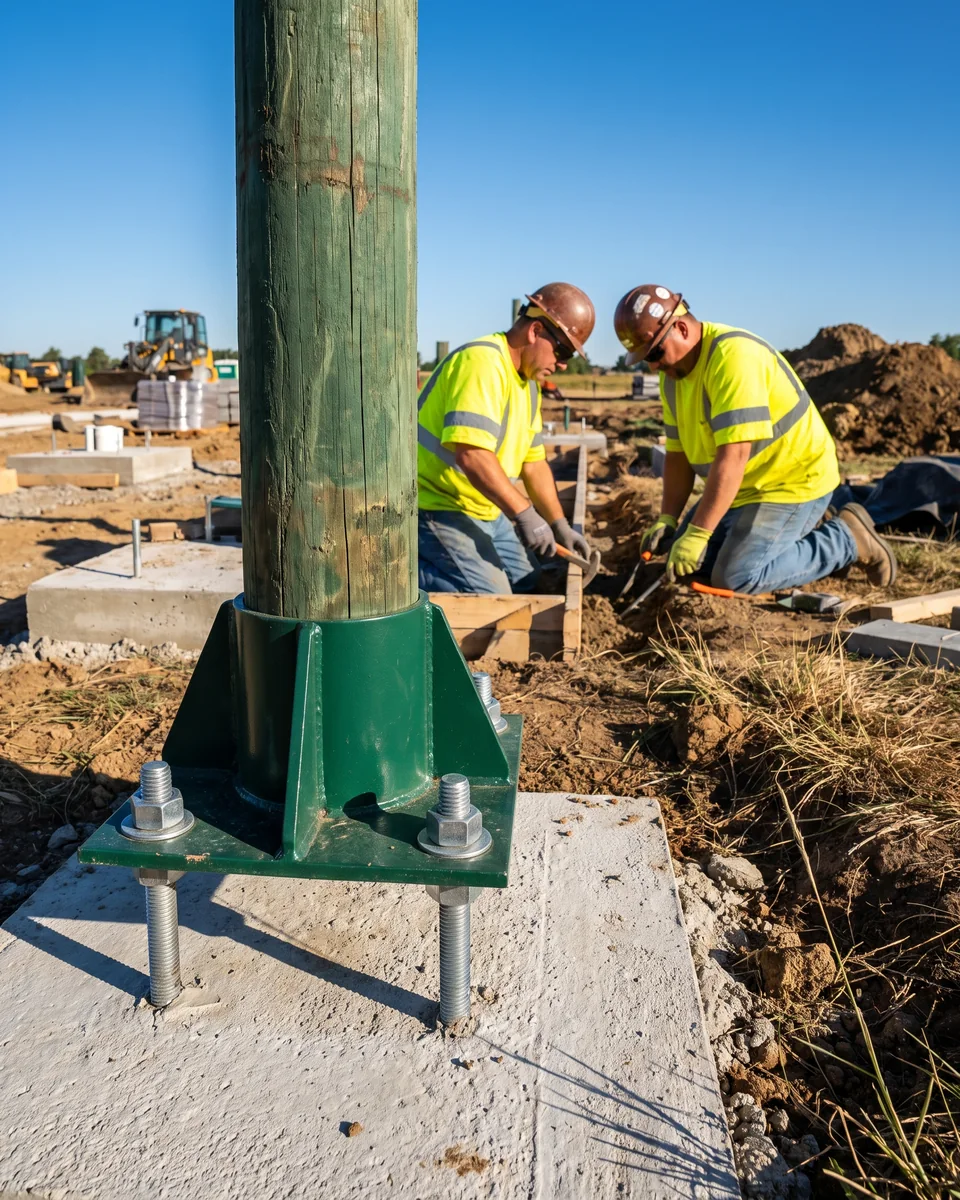 A post base plate bolted to anchor bolts on a cured footing