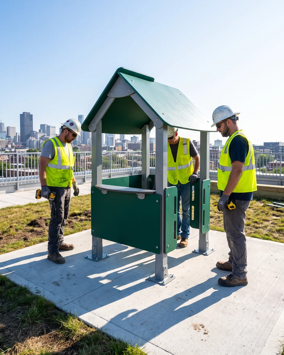 A freestanding play piece fixed to a concrete deck through a surface-mount base plate