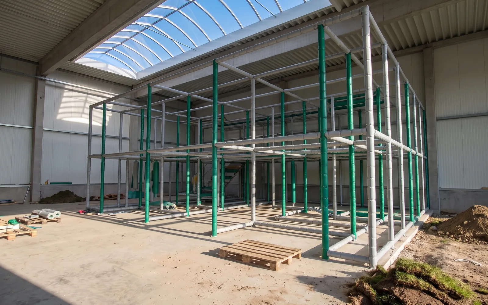 A two-level soft play structure in an empty indoor venue with only its galvanized frame installed