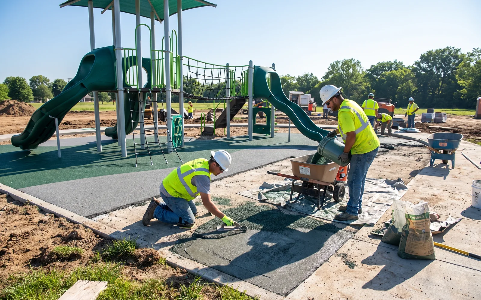 An installation crew laying poured rubber surfacing under a finished play structure, one pouring and one troweling
