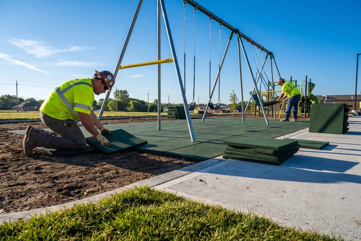 Rubber tiles being laid on another part of the site
