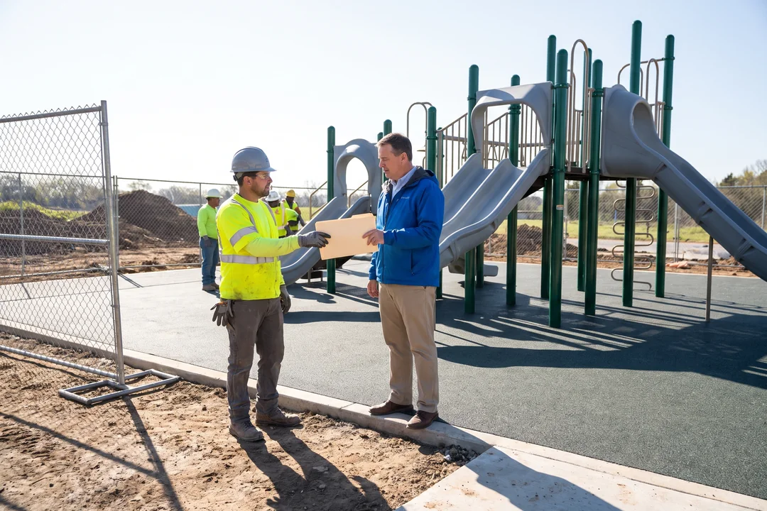 The crew lead hands a document folder to the facility manager beside the finished structure