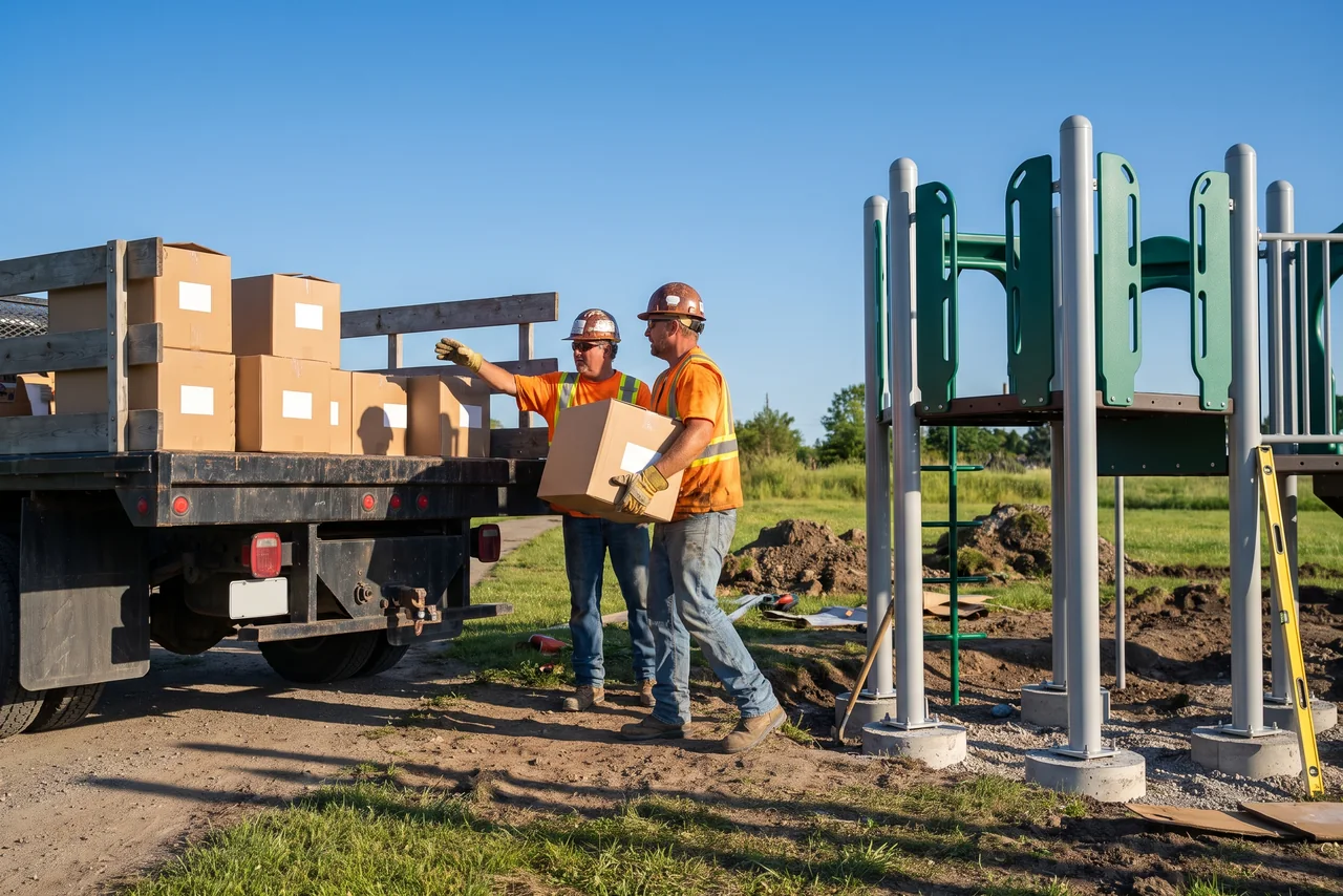 An installation crew unloads labeled cartons from a flatbed truck