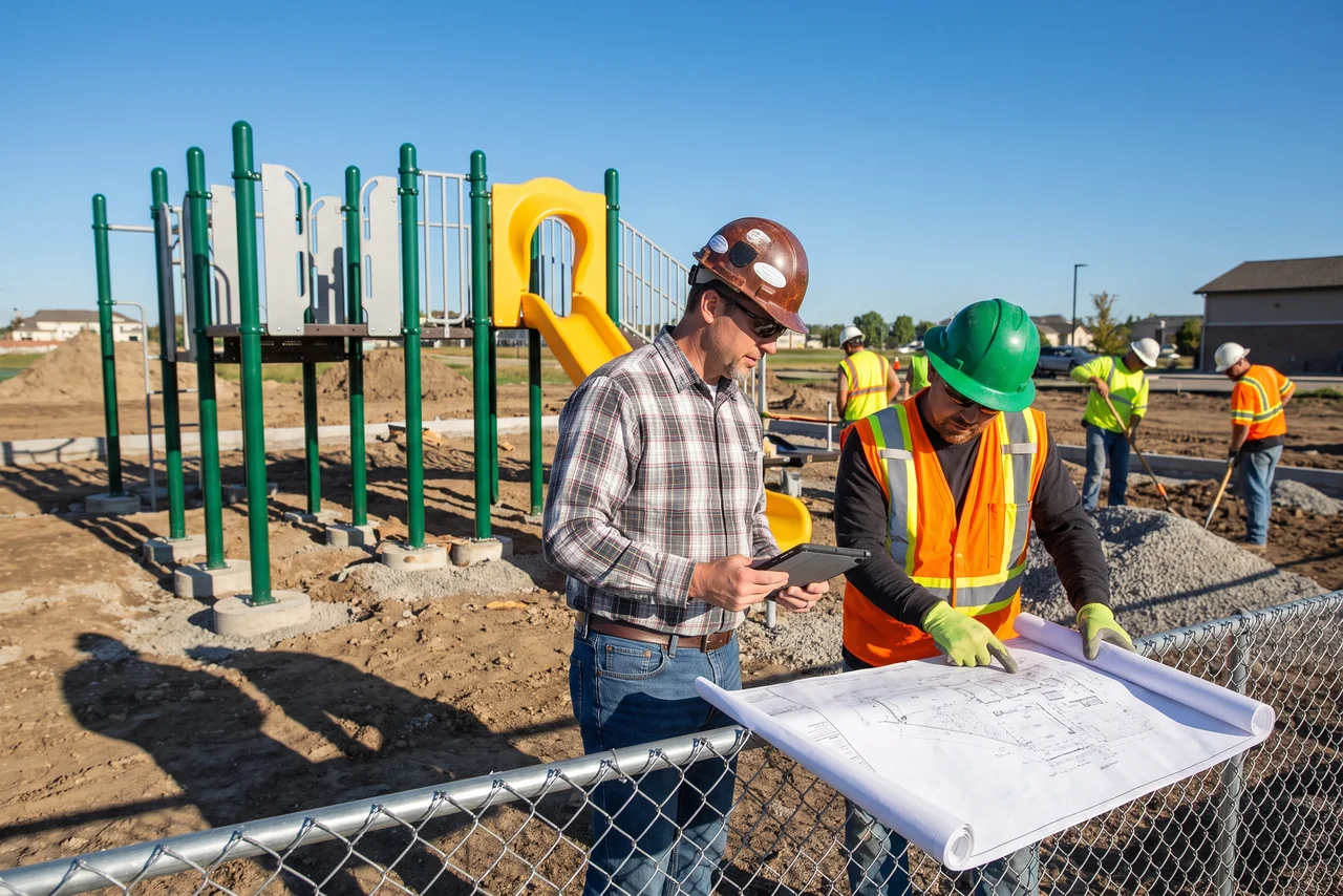 A facility manager and the crew lead look over the printed drawing at the site fence