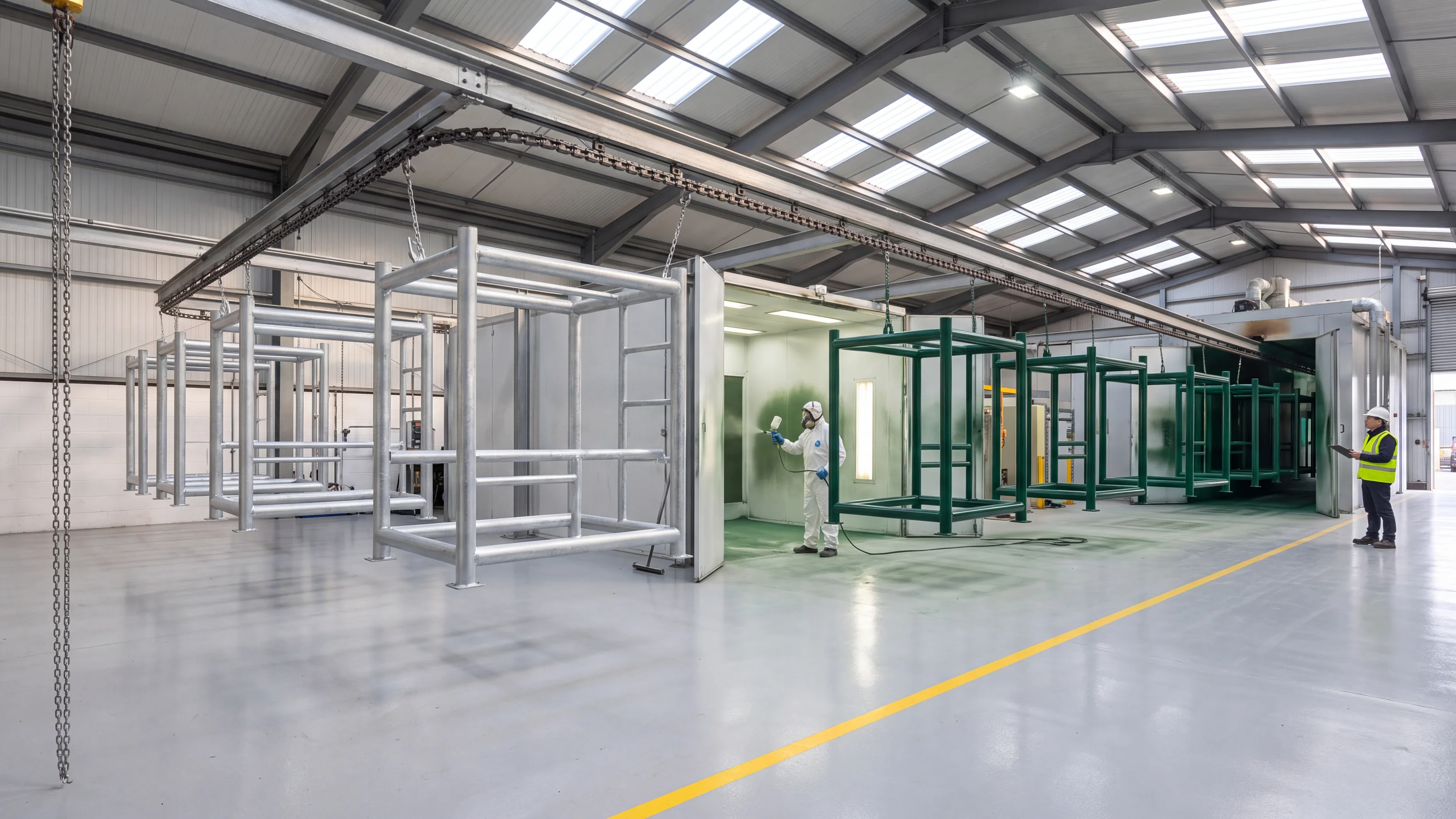 An overhead conveyor in a skylit powder coating hall carries complete welded playground frames, silver galvanized at the front and evergreen powder coated further back