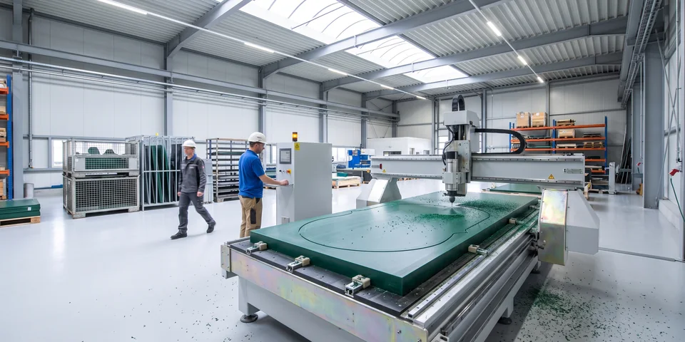 A CNC router cuts an evergreen HDPE panel