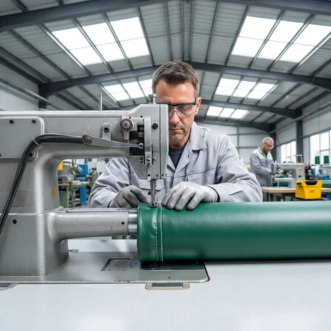 An evergreen PVC pipe padding cover under an industrial sewing machine