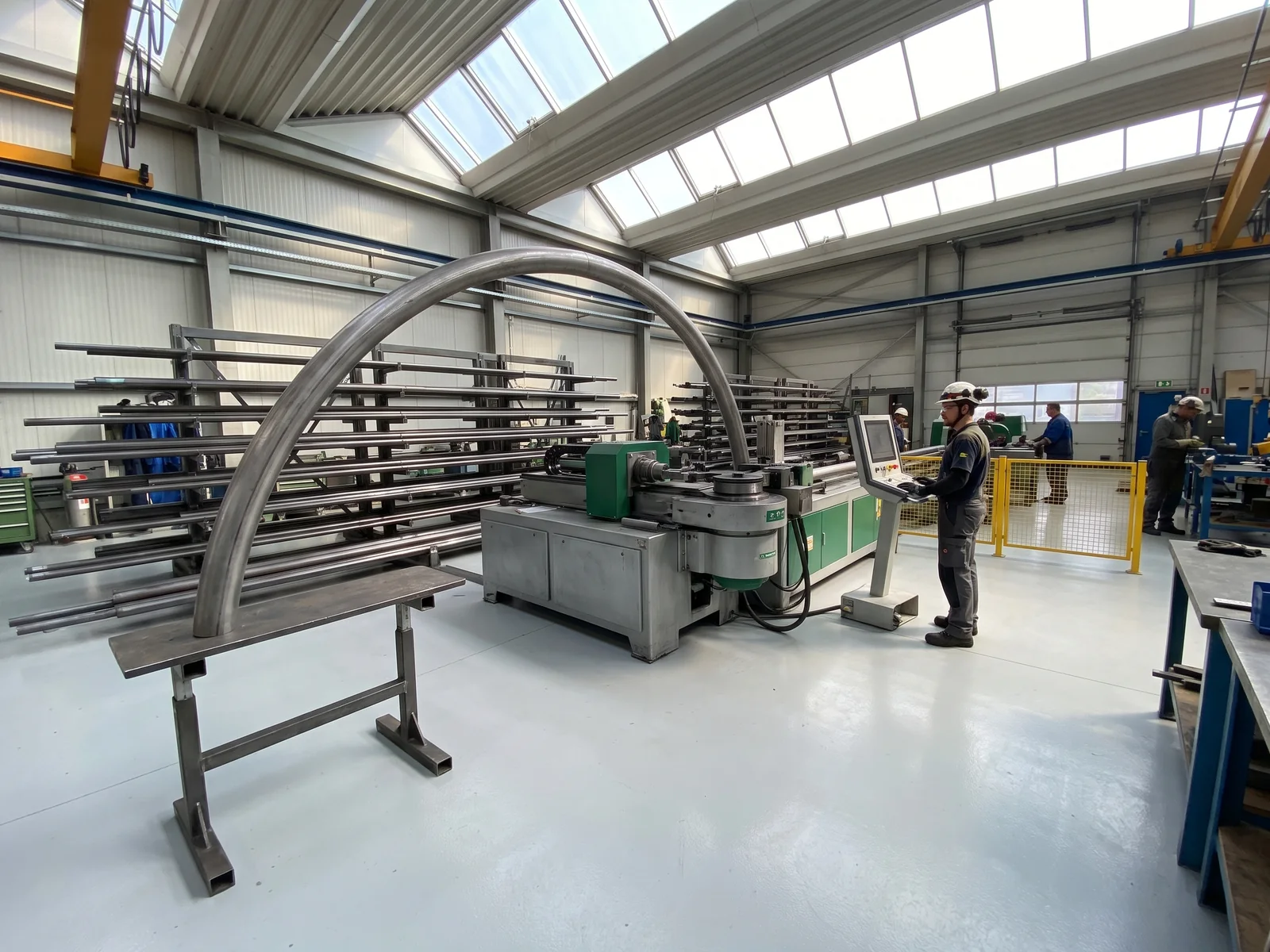 A CNC pipe bender has just formed a steel arch in the skylit steel workshop