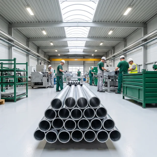 Cut ends of Ø114 mm steel posts stacked on a rack